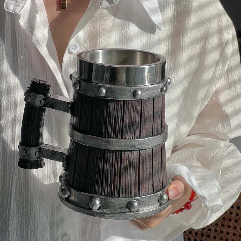Viking wood style beer mug 3d resin stainless steel coffee cup wine glass metal double wall jug thermal