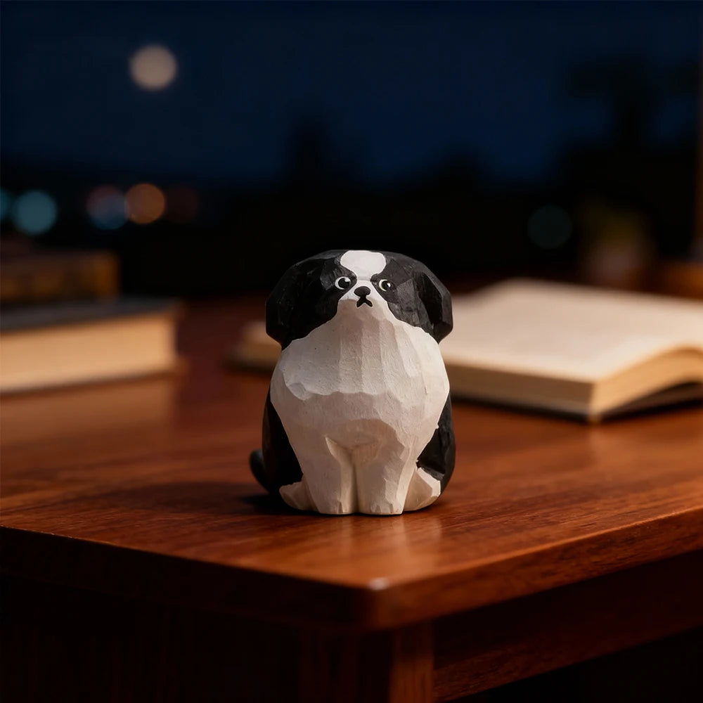 Handcrafted wood carving border collie statue dog figurines desk ornament decorations accessories animal sculpture