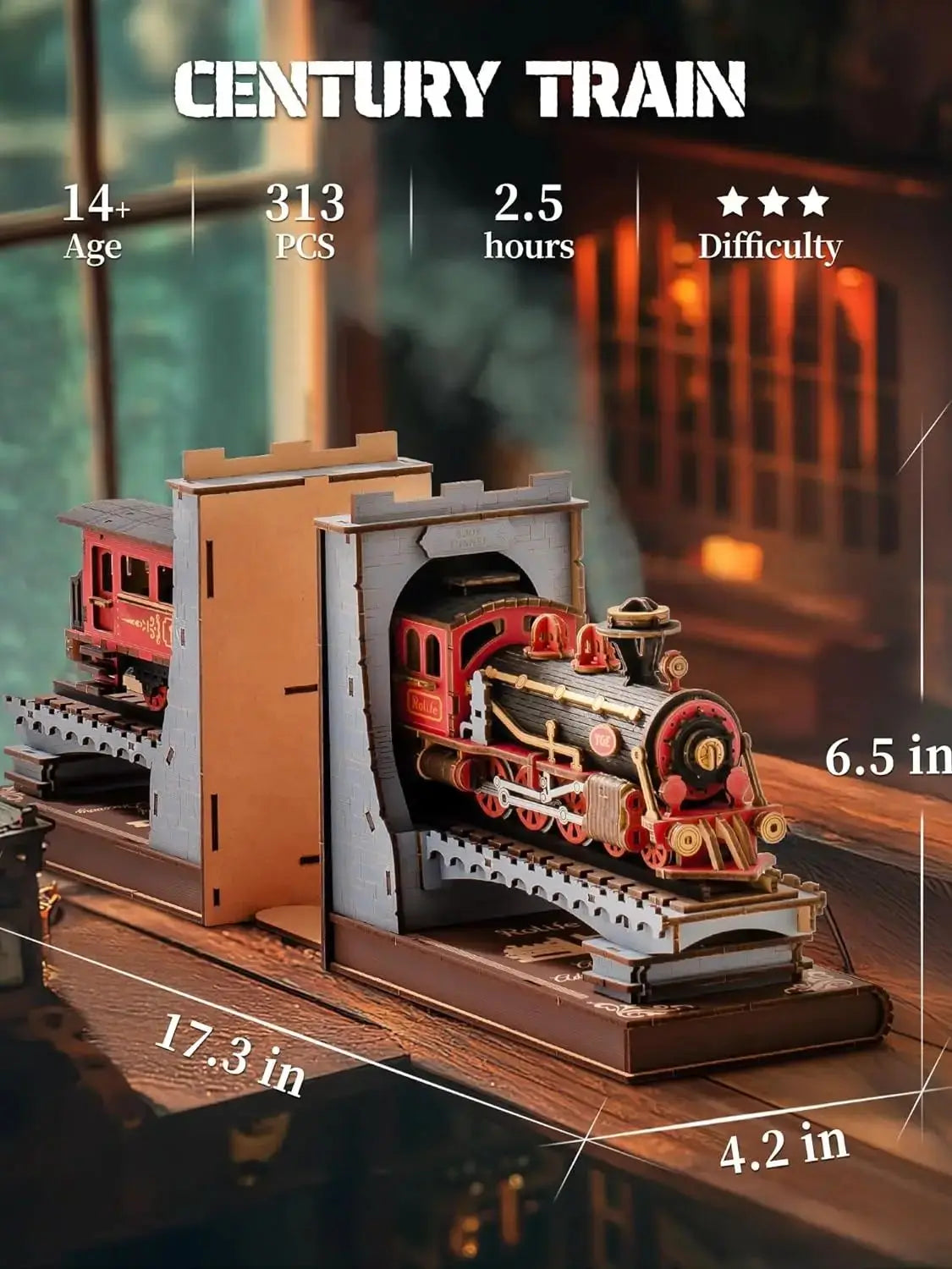 Robotime rolife wooden vintage train kit 3d puzzles diy book nook kit decorative bookends 6.5’’ for adults gifts boys