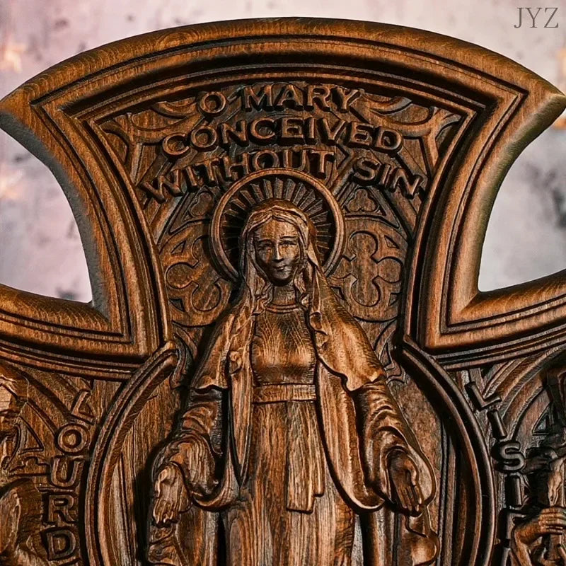 High quality simple vintage wooden catholic cross jesus and mary home decor wall hanging statue - religious (christian)