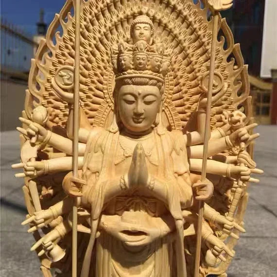 High quality large solid wood guanyin buddha statue,thousand-hand home decor sculpture - 43cm - religious (buddhist)