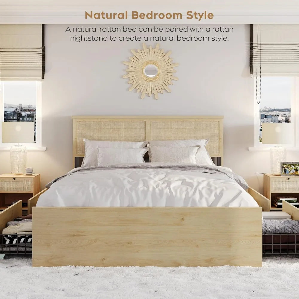 Brafab natural rattan queen bed frame with wooden headboard and 4 storage drawers boho cane metal platform strong