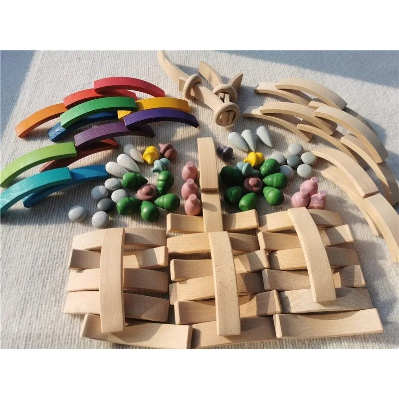 New beech wood arch stacking blocks rainbow bending wooden building timber toys set for kids creative play - game