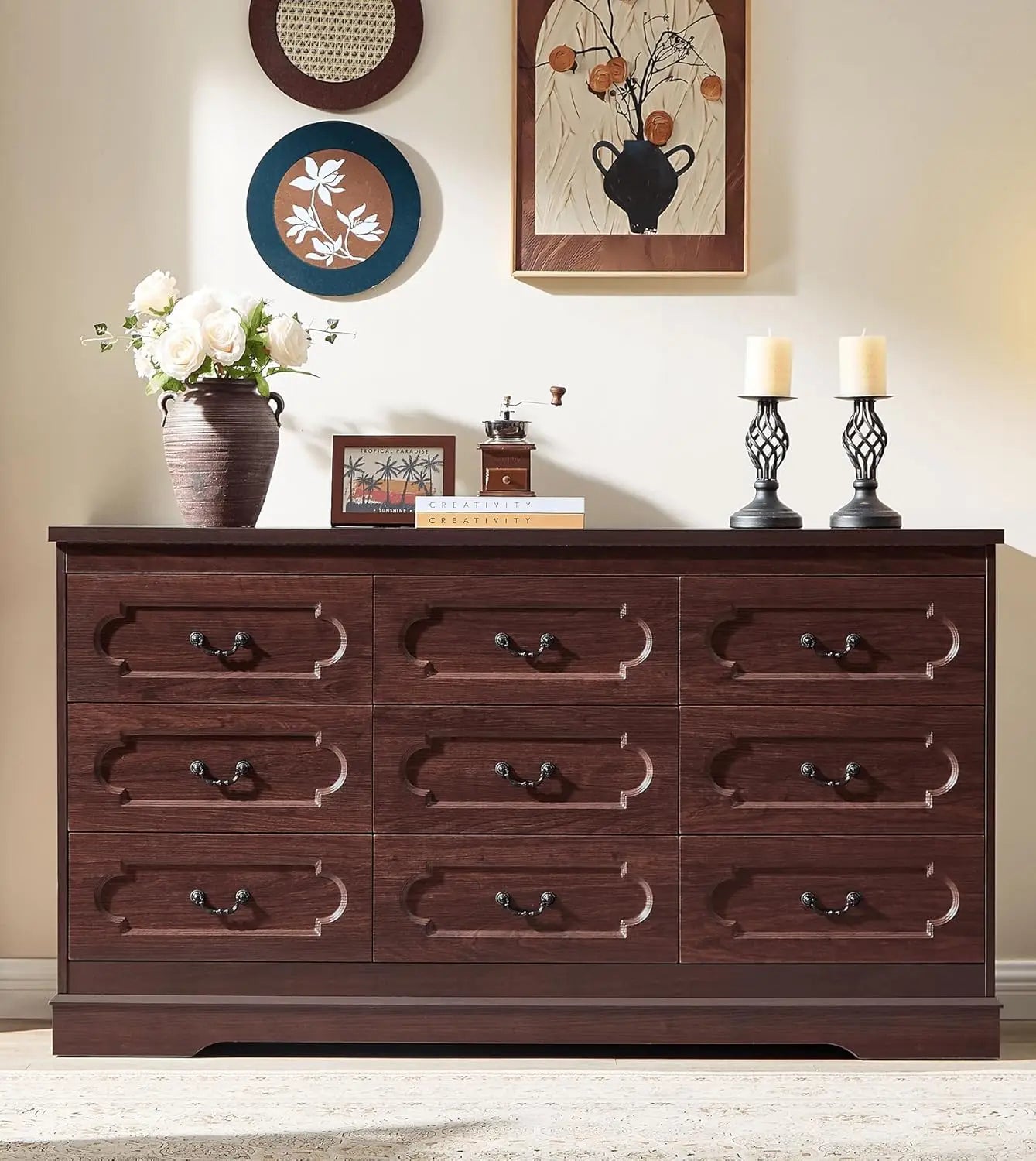 Dresser for bedroom farmhouse cherry wood chest of drawers rustic wide dressers - cherry15.7dx59wx32.8 / united states