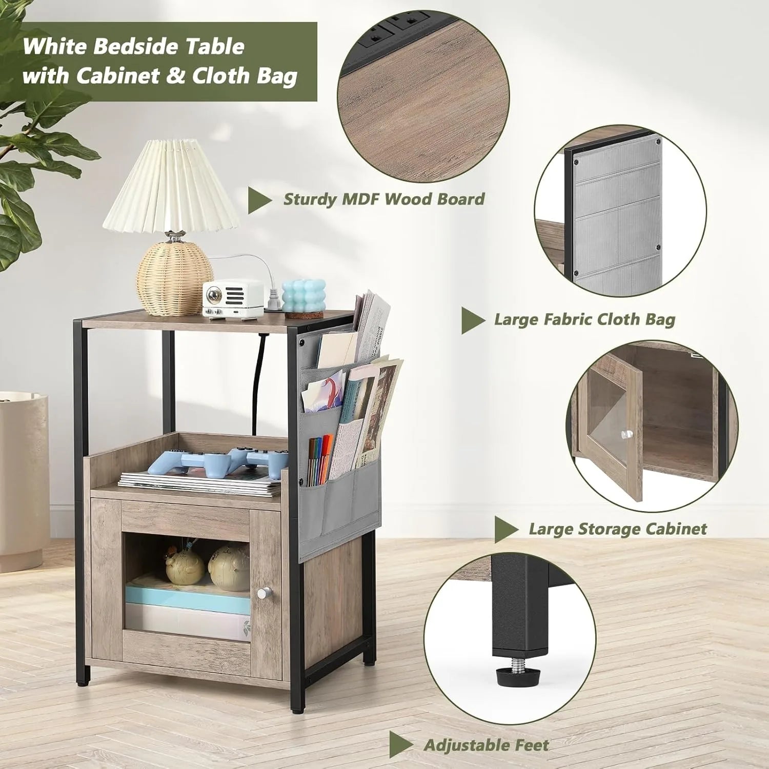 3-tier bedside table w/usb charger & shelf/cabinet - nightstand storage organizer for bedroom/living room/office grey