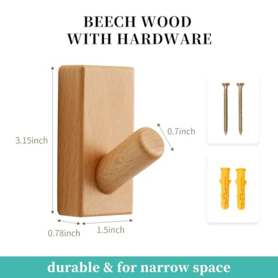 Beech wood coat rack 4 pack hooks mounted rustic wooden wall entryway for clothes hats towel purse robes bathro