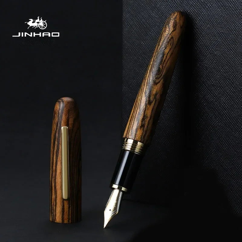 Jinhao 9056 fountain pen natural wood handmade m/f nib gold clip ink stationery business office gift writing school