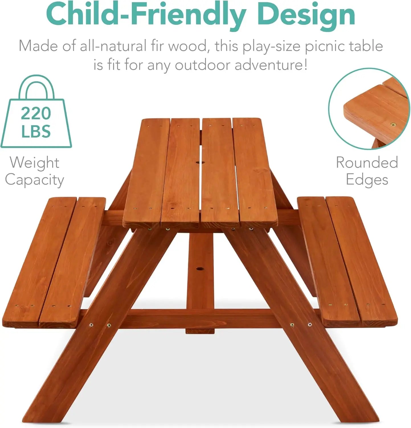 Kids wooden picnic table outdoor activity & dining w/adjustable collapsible umbrella built-in seats - golden brown/navy