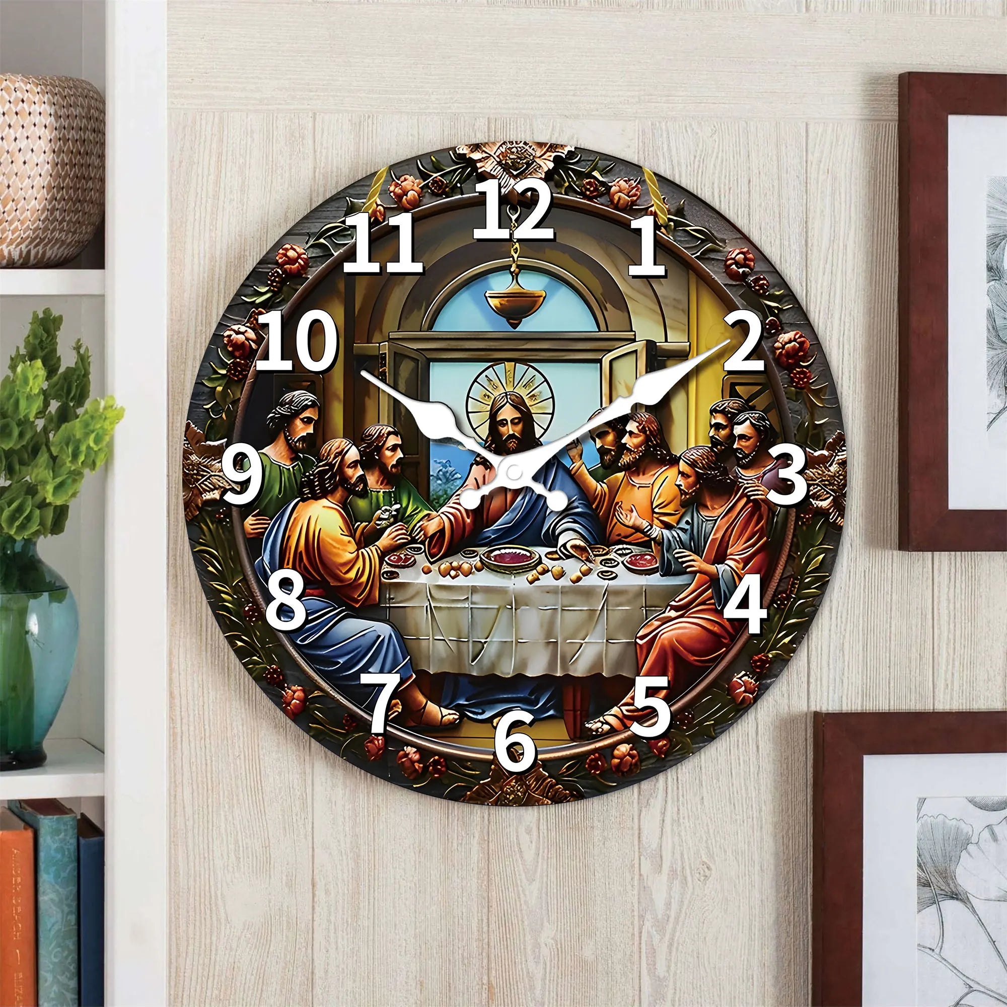 A wooden veneer wall clock ’last supper’ themed design flat non-ticking silent living room bedroom office,