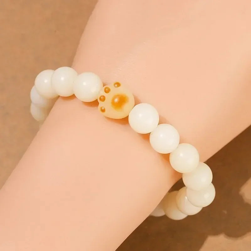 Jd natural wooden bodhi beaded cut cat paw bracelet women men cartoon handmade stretch bangles couple girls jewelry gift
