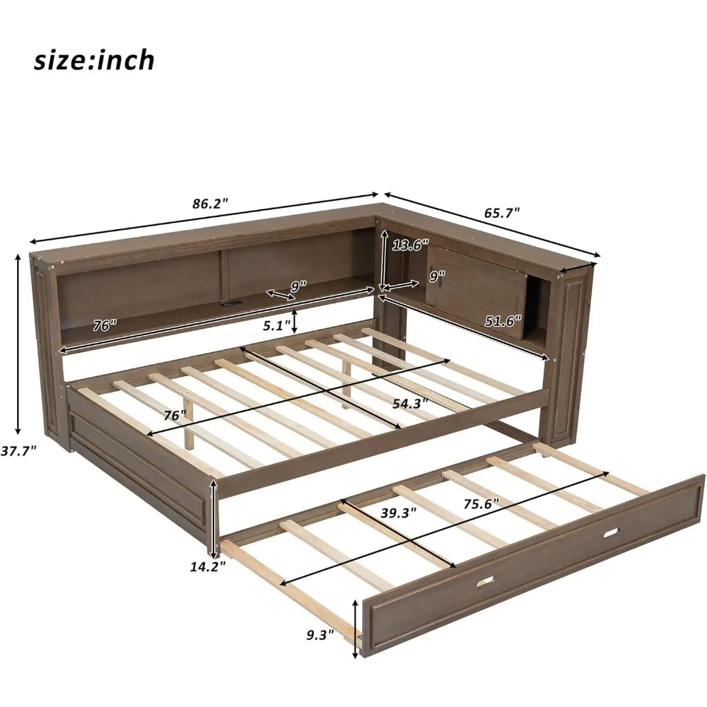 Harper & bright designs full size daybed with bookcase headboard and trundle wooden platform bed frame storage shelves