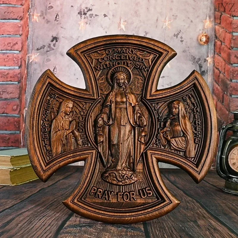 High quality simple vintage wooden catholic cross jesus and mary home decor wall hanging statue - religious (christian)
