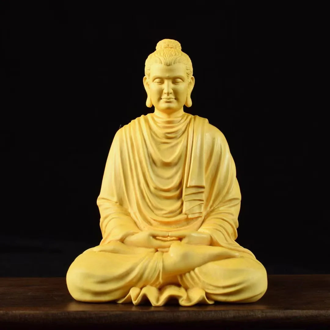 Natural boxwood shakyamuni buddhist statue solid wood carving，lndian figure buddha，home room office feng shui - 1