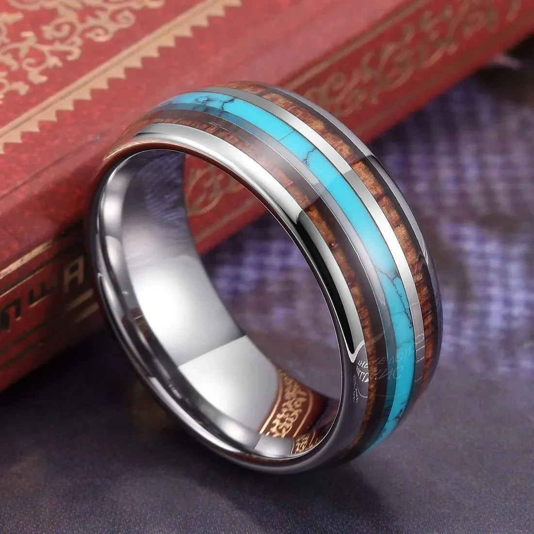 Fashion 8mm men stainless steel koa wood rings inlay blue turquoise stone for wedding engagement band jewelry gift