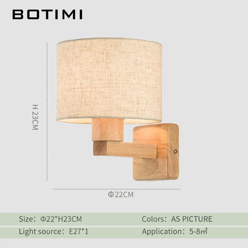 Botimi fabric lampshade led wall lamp for living room hotel bedside wooden sconce e27 luminaire bed reading home