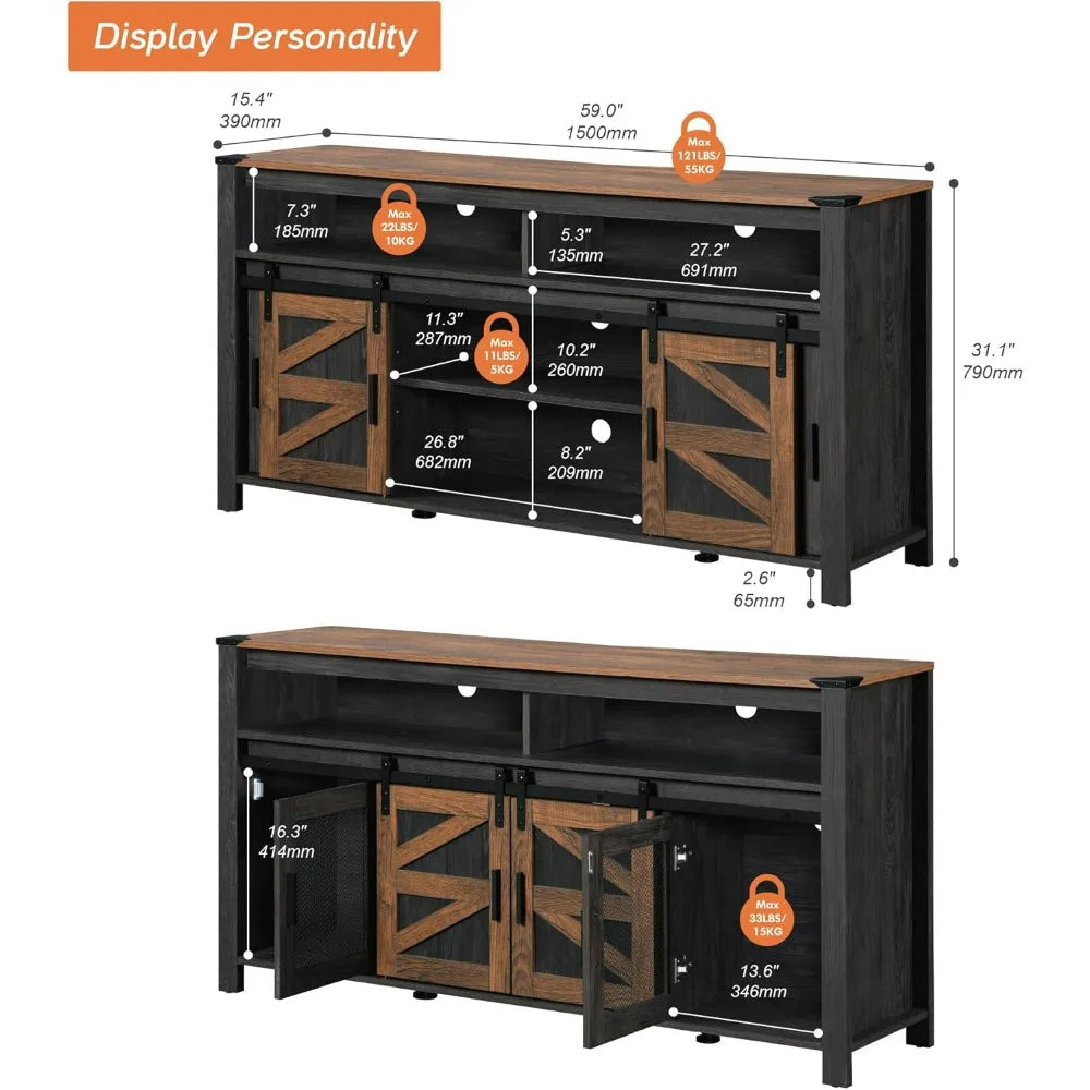 Farmhouse tv stand for 65 inch antique black & brown entertainment center with sliding barn doors and mesh tall medi