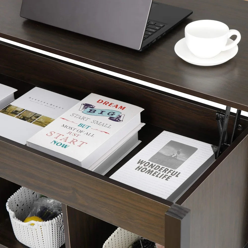 Wood coffee table lift top with hidden compartment 3 storage shelf modern pop-up rising dining for home - espresso