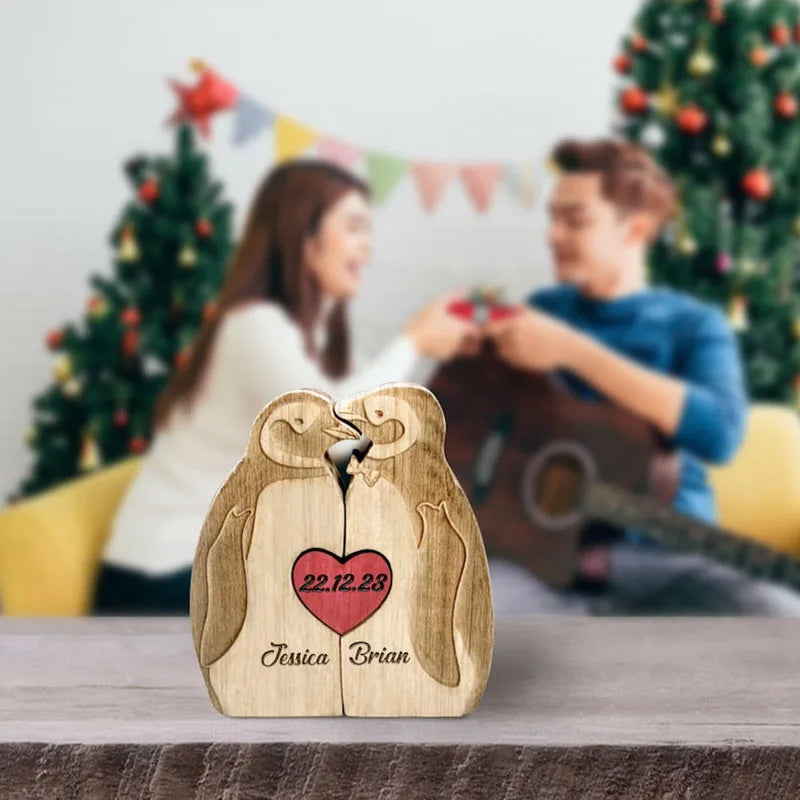 Penguin family puzzle christmas gifts personalized wooden custom engraving names sculpture home holiday decor for mom