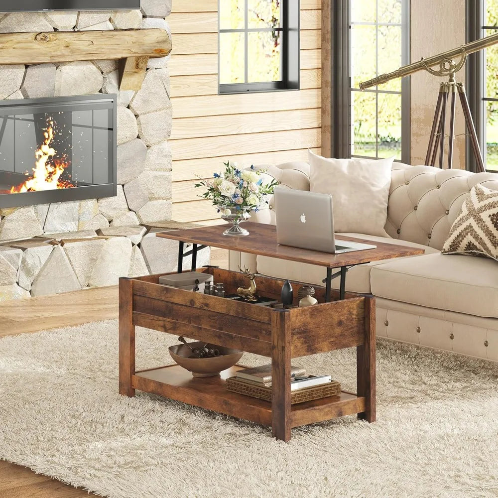 Rustic brown 39 lift-top coffee table with secret compartment and storage shelf for living room - united states
