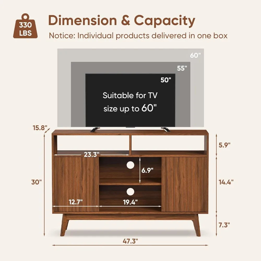 Fluted tv stand for 60 inch modern entertainment center with storage and shelves wood console solid leg