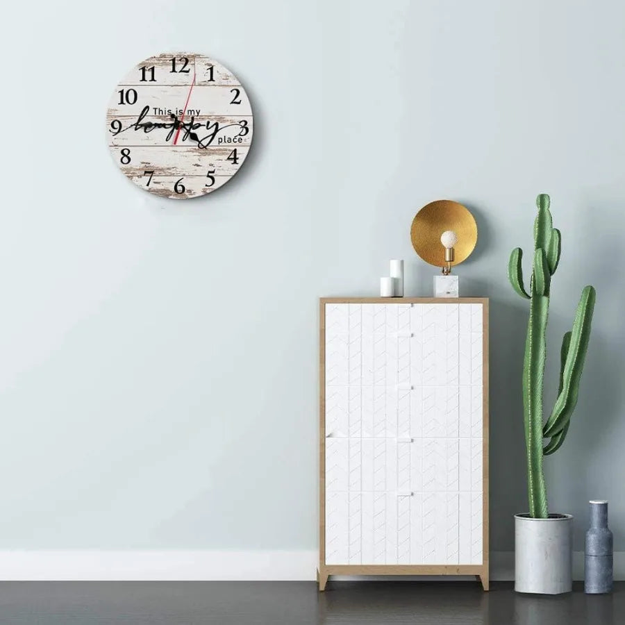Round wall clock silent nonticking battery operated 10 inch vintage wood happy place home decor for living room