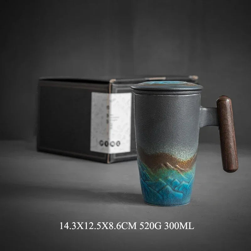 Ceramic mugs retro tea cup luxury large capacity with cover wooden handle office thermal mug personalized gifts home