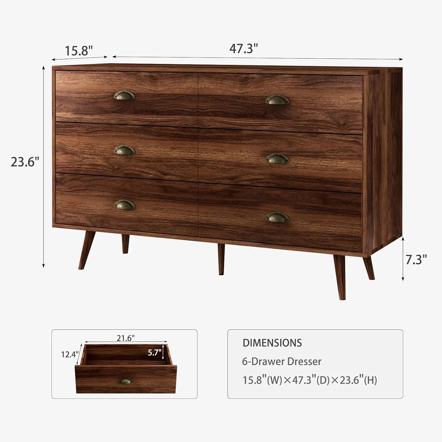 Walnut brown dresser for bedroom 6 drawer with wide drawers and metal knob wood dressers & chest of hallway entryway.