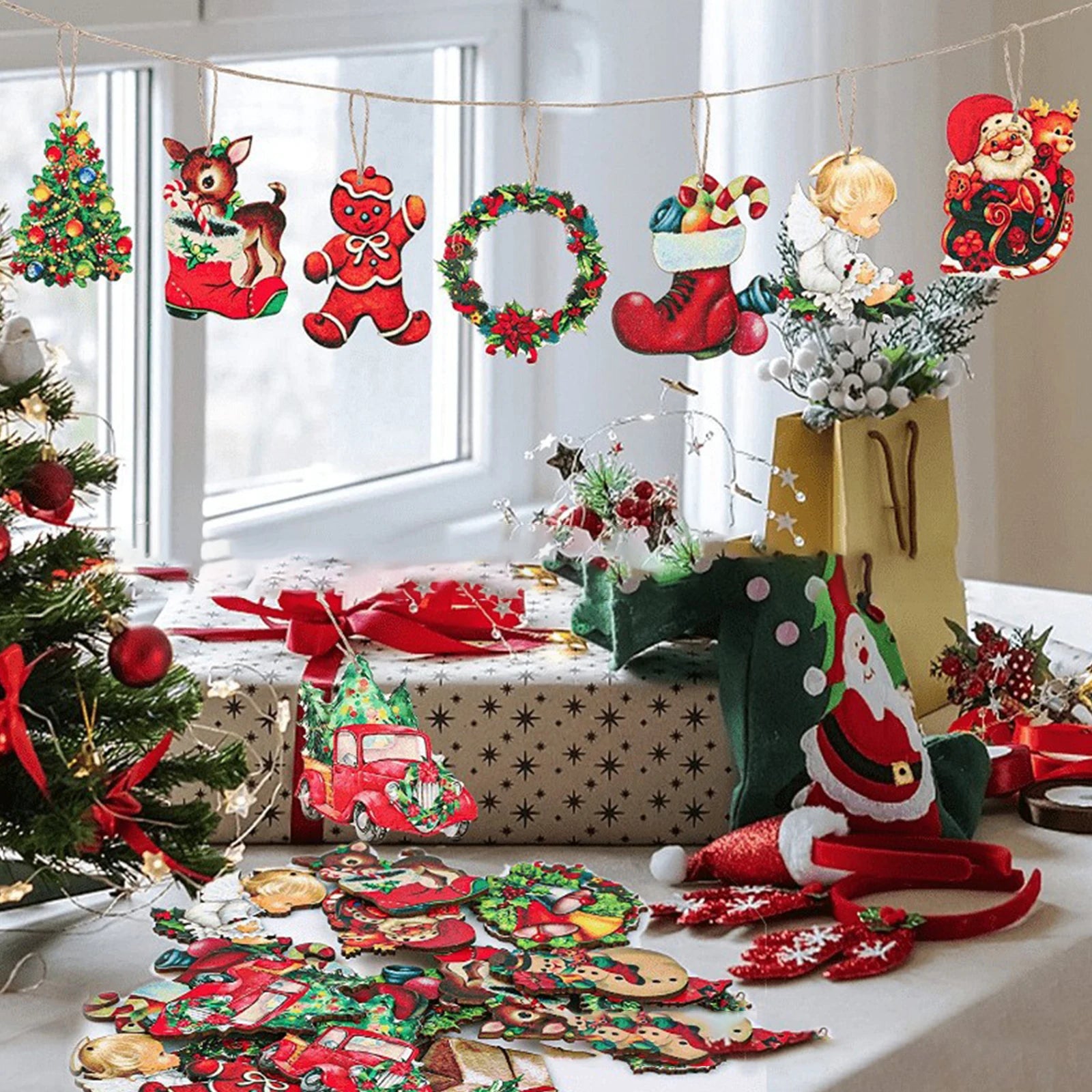 24pcs christmas wooden ornaments wood decor farmhouse style hanging tree vintage santa - 12 styles b / united states