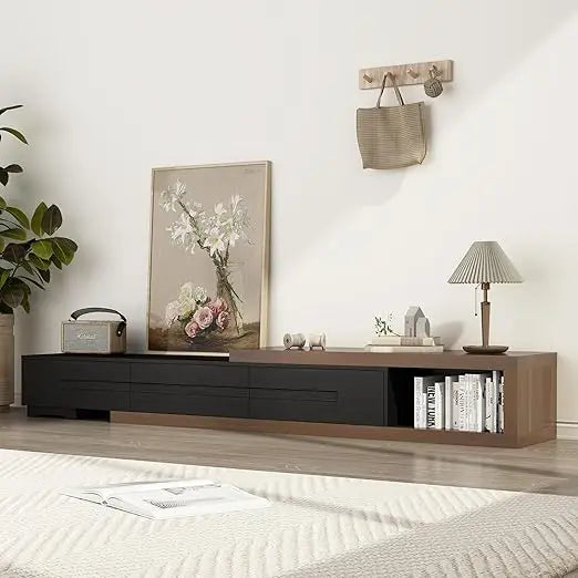 Extendable tv stand modern entertainment center for up to 120 inch wood reversible media console with 3 drawers livi