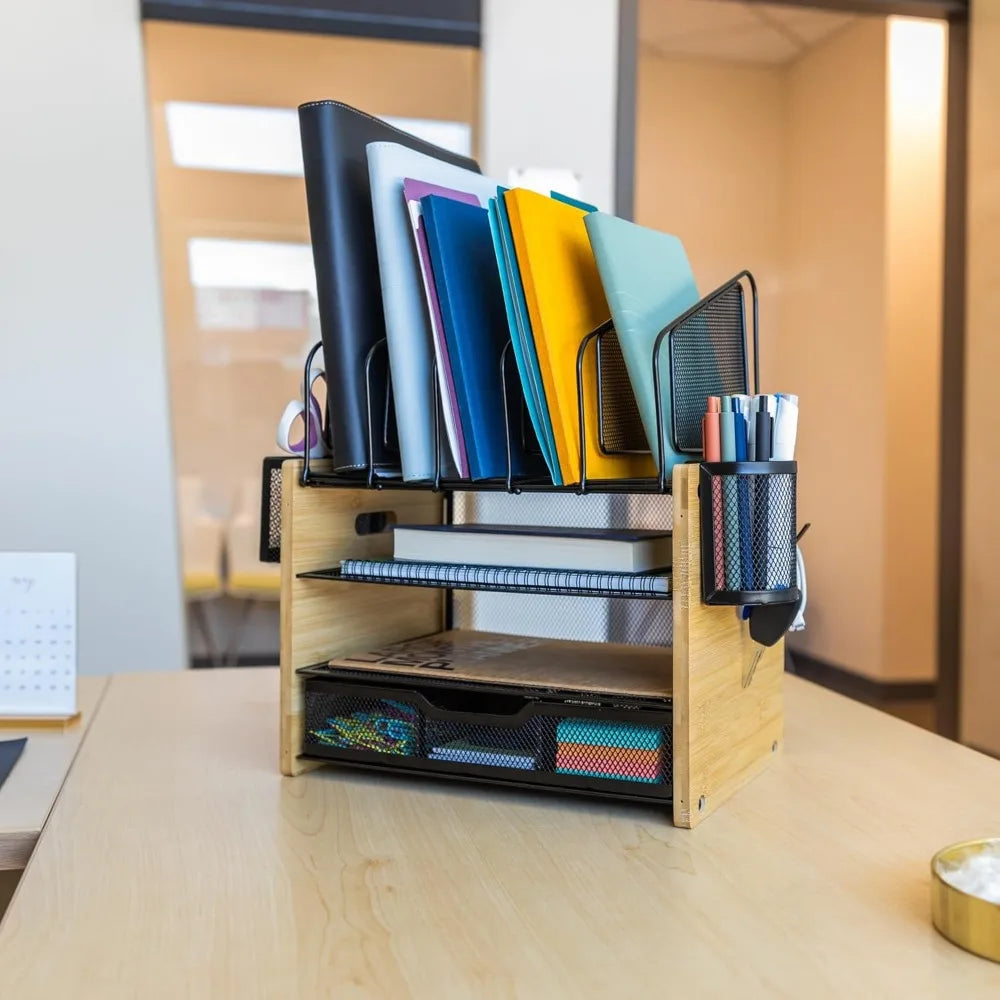 Heavy duty wooden desk organizer with drawer - shelf for storage & organization - office tray files mail and s - united
