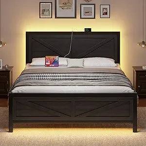 Led bed frame king size with charging station industrial platform rustic barn door wood headboard strong metal - black
