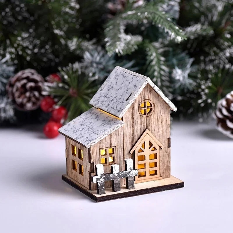 Christmas led light wooden house luminous cabin merry decorations for home diy xmas tree ornaments kids gifts new year