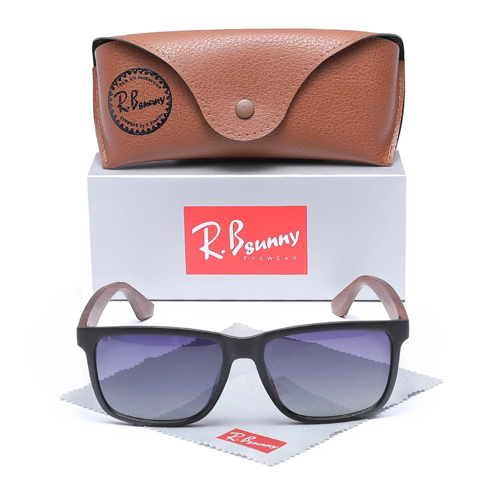 Rbsunny wood sun glasses man natural walnut sunglasses women eyeglasses polarizing uv protection eyewear - black