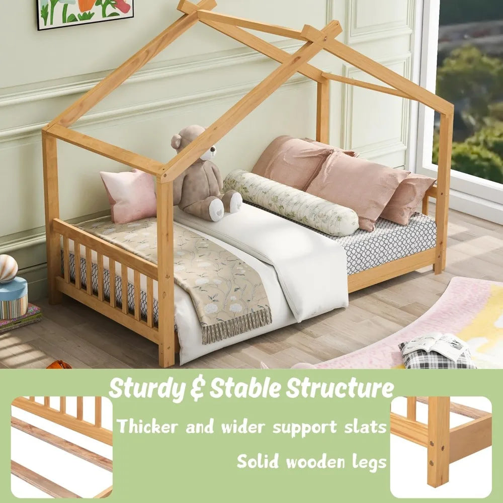 Bellemave floor house beds wood montessori bed frame twin size platform with headboard & footboard for kids boys girls