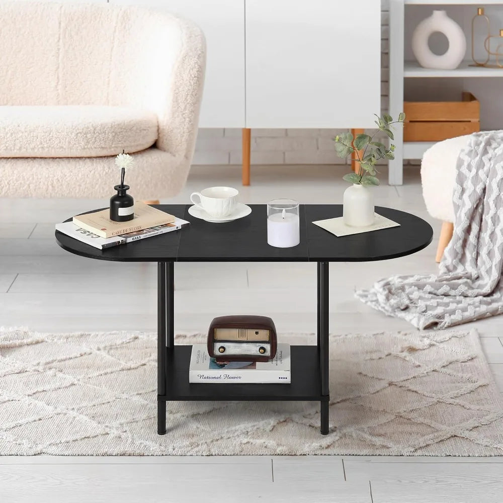 Coffee tables for living room,2-tier small table industrial modern black with storage shelf and wood tableto - united