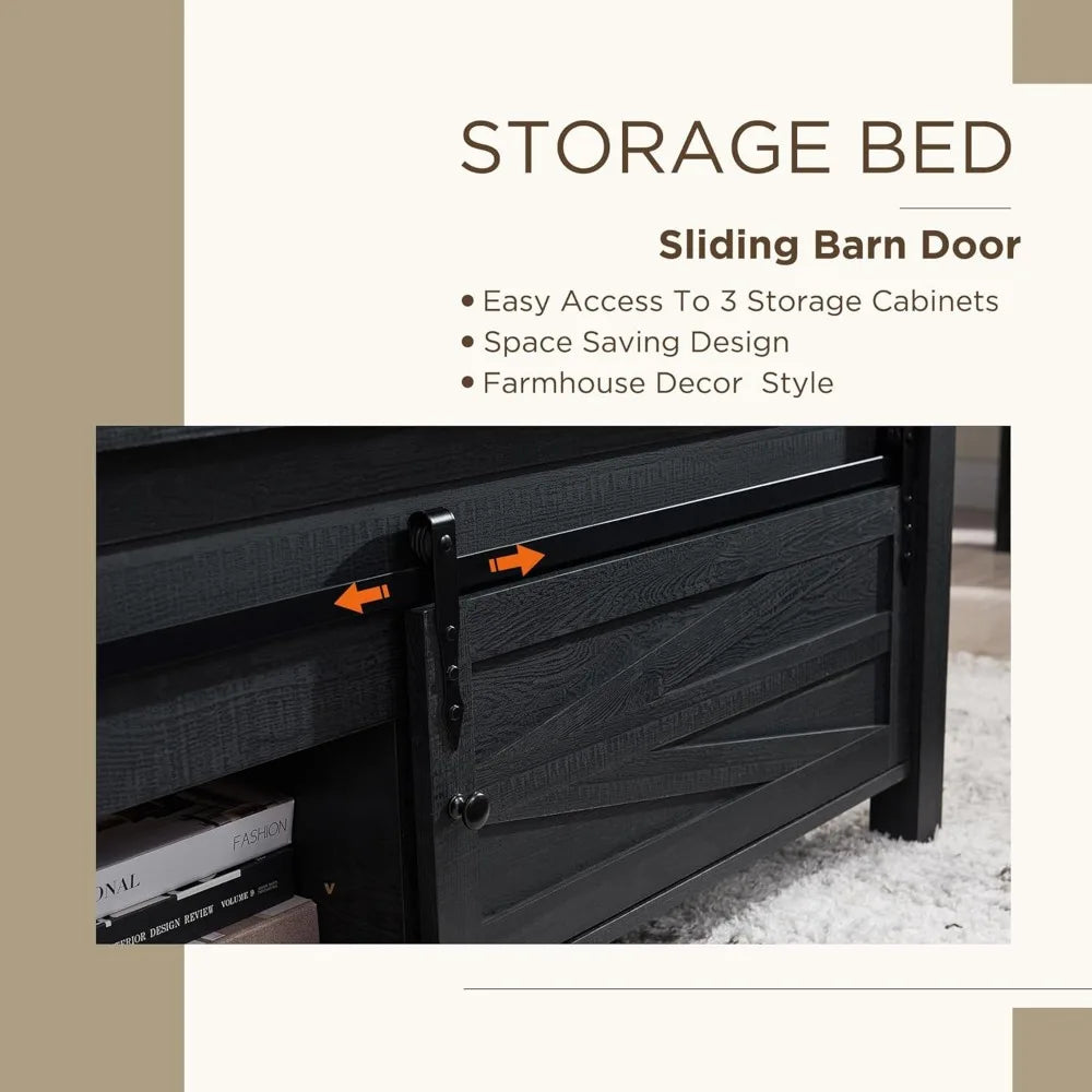 Jxqtlingmu farmhouse wood bed frame king size with sliding barn door storage cabinets and headboard solid slats support