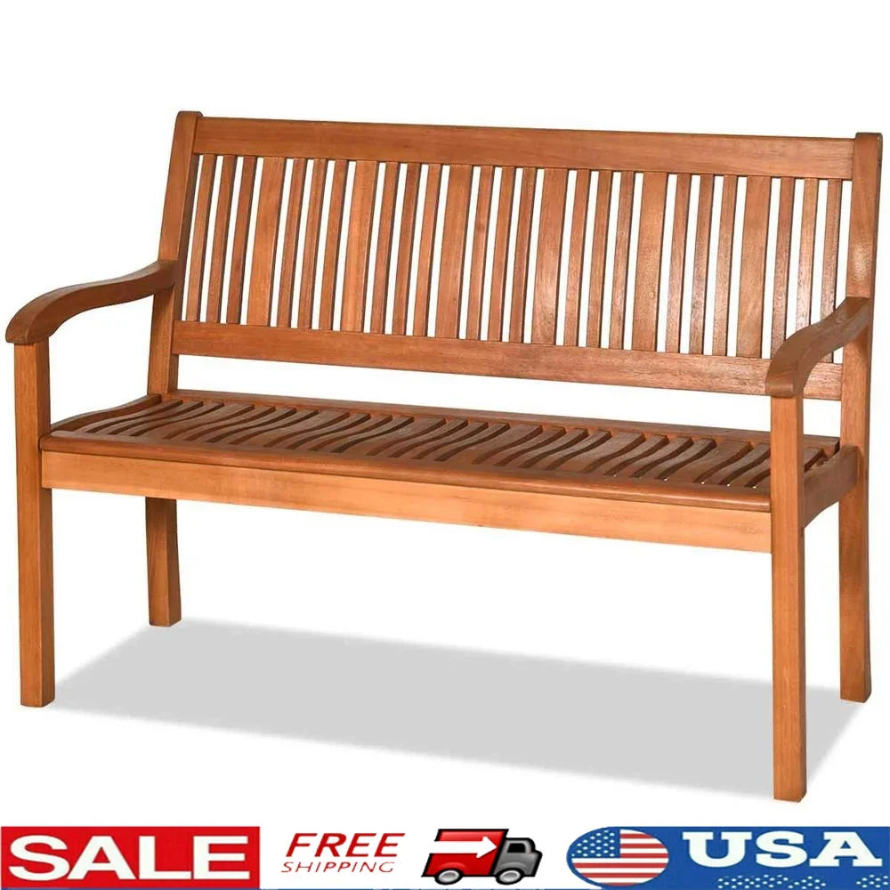 Outdoor solid wood bench two person garden seating with curved backrest wide armrest durable waterproof patio poolside