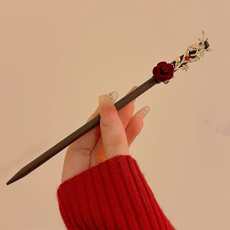 Red flower hairpin new chinese style wooden tassel hair stick ancient cheongsam hanfu women headwear - united states