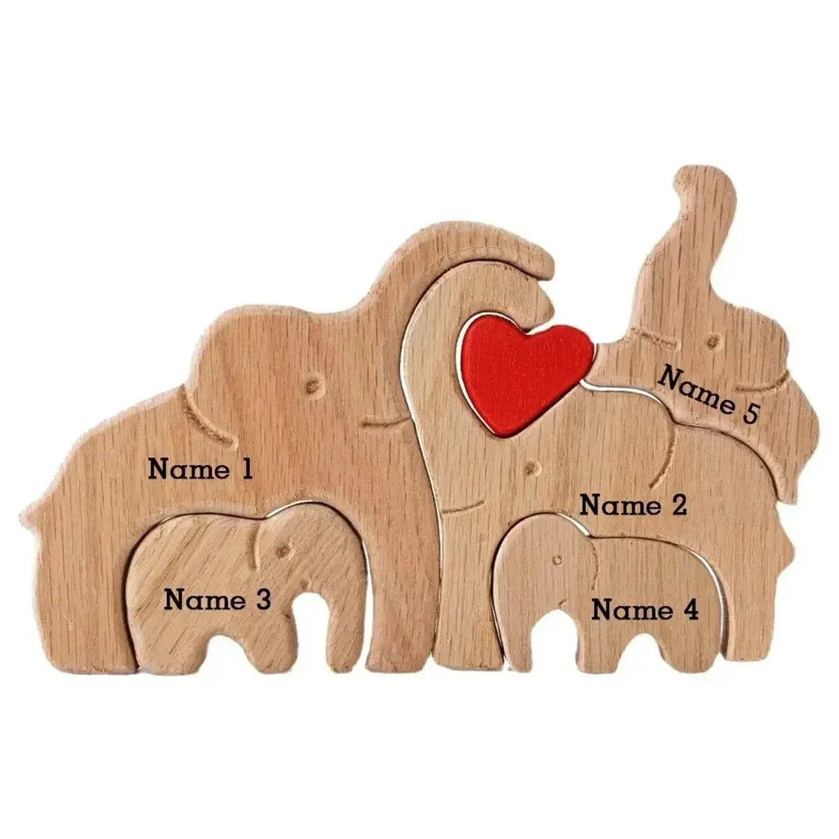 Personalized elephant family wooden puzzle love animal wood custom name sculpture free engraving decor gifts - 5pcs