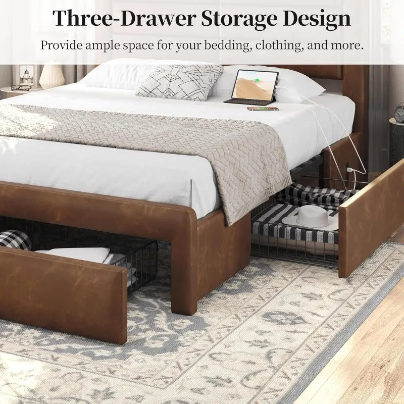 Queen bed frame with 2 usb charging stations/port for type a&type c/3 storage drawers,leather upholstered platform