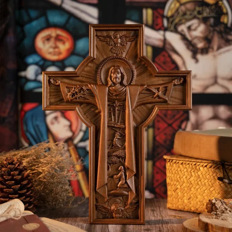 Vintage wooden easter catholic cross jesus statue interior religious wall decor baptismal gift - 25cm - (christian)