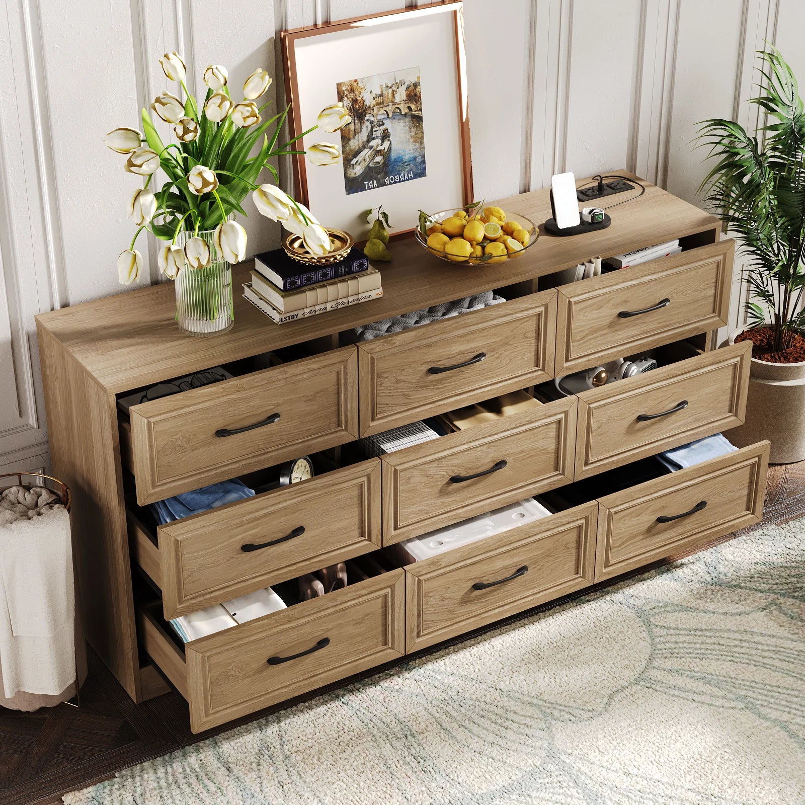 Vabches wood dresser for bedroom 9 drawer with power outlet&metal handles chest of drawers storage organizer hallway
