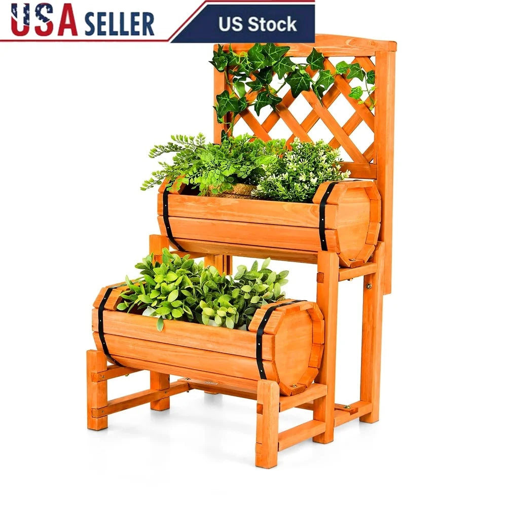 2-tier wooden raised garden bed with 2 cylindrical planter boxes and trellis climbing plants outdoor indoor
