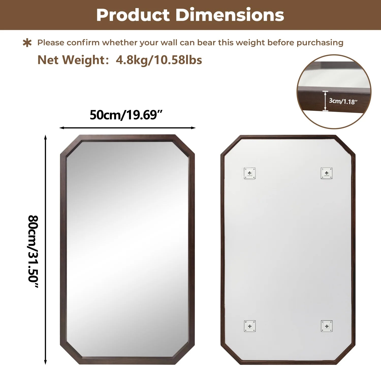 2 shape irregular/octagon wall mirror walnut wood frame decorative for living room bedroom bathroom entryway