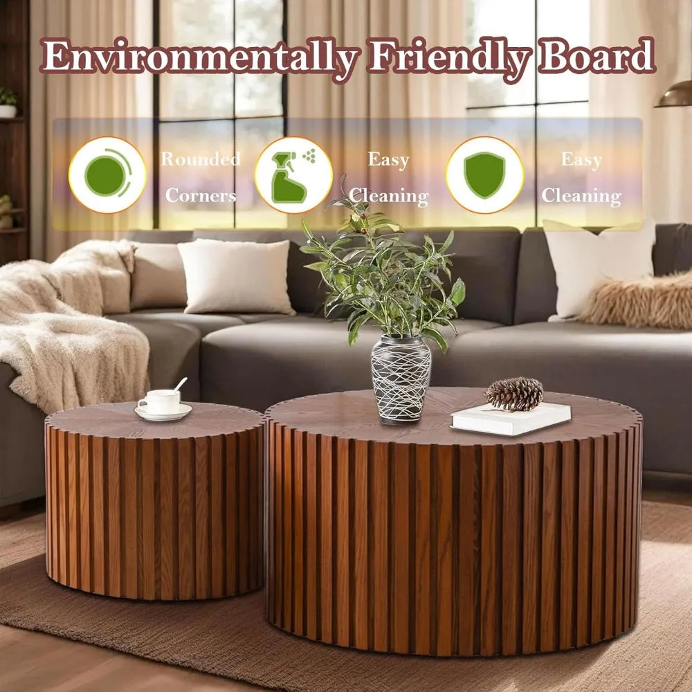 Handcraft round nesting coffee table - chic wave stripe edge modern stylish walnut wooden circle fluted center