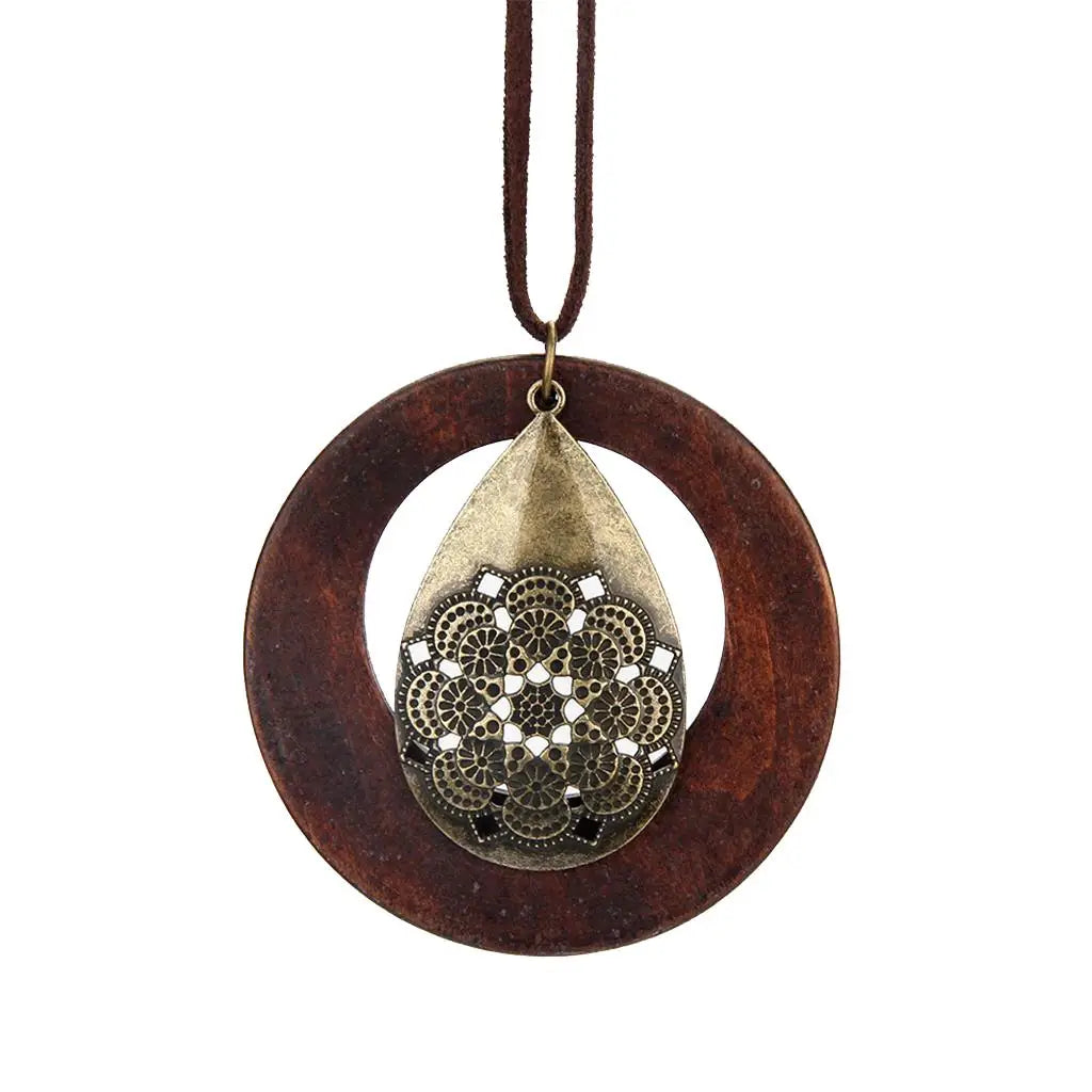 Wooden round pendant necklace vintage long style for sweater pu cord choker party