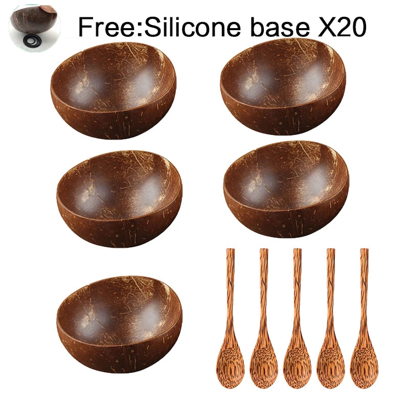 Coconut bowl set natural handmade shell tableware wood spoon dessert fruit salad mixing rice ramen wooden bamboo - 5