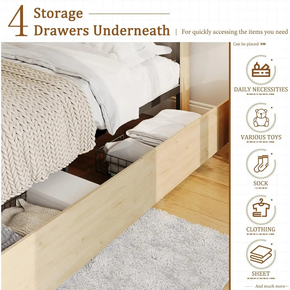 Brafab natural rattan queen bed frame with wooden headboard and 4 storage drawers boho cane metal platform strong