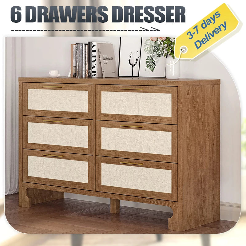 Dresser for bedroom with 6 drawers burlap design wood drawer chest of closet living room hallway nursery - united states