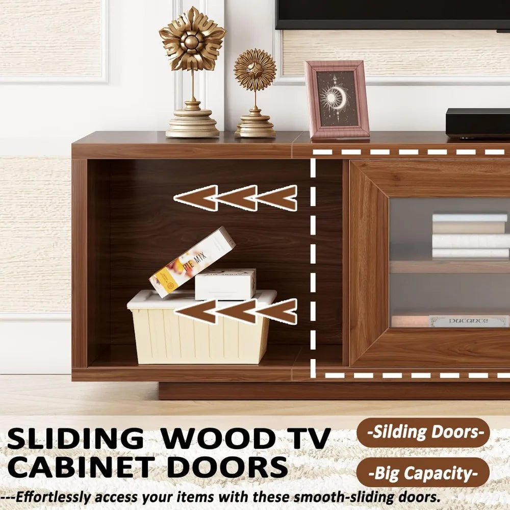 55 inch walnut tv stand for 60 tvs entertainment center with storage and sliding doors farmhouse wood - united states